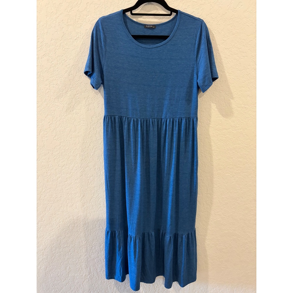 Gracyoga Blue Heathered Tiered Empire Waist Midi Dress Short Sleeve Medium